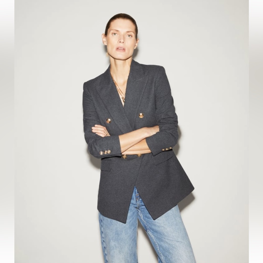 ZARA Double Breasted Button Blazer Dark Gray Marl Sz XS